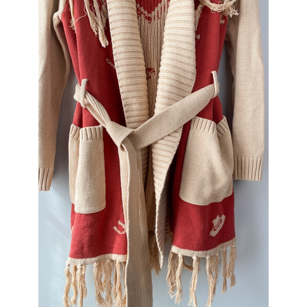 Idyllwind Womens Cardigan XL Tan Red Western Bronco Fringe Cowgirl Belted Boho - Picture 4 of 11